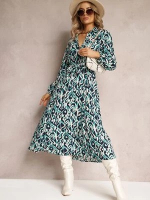 Zdjęcie produktu Niebieska Sukienka Koszulowa w Geometryczny Wzór Gena