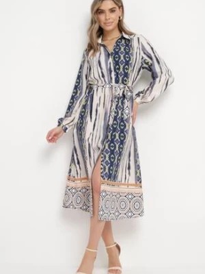 Zdjęcie produktu Niebiesko-Beżowa Sukienka Koszulowa z Mozaikowym Wzorem i Wiązanym Paskiem Lilimea