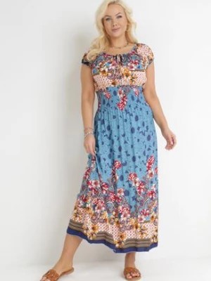 Zdjęcie produktu Niebieska Sukienka Maxi Hiszpanka z Gumkami w Talii z Bawełny Doreyana