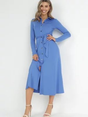 Zdjęcie produktu Niebieska Sukienka Maxi i Koszulowym Fasonie z Wiązaniem mZynlee
