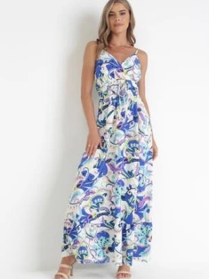 Zdjęcie produktu Niebieska Sukienka Maxi na Cienkich Ramiączkach z Gumką i Ściągaczem w Pasie Aeliva