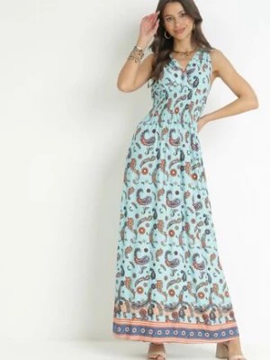 Zdjęcie produktu Niebieska Sukienka Maxi z Gumką w Pasie i Głębokim Dekoltem we Wzór Paisley Emmatta