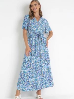 Zdjęcie produktu Niebieska Sukienka Maxi z Gumką w Pasie i Metaliczną Nitką Nuccio