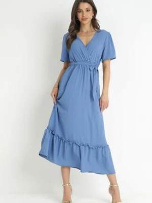 Zdjęcie produktu Niebieska Sukienka Maxi z Gumką w Talii i Kopertowym Dekoltem Lesite