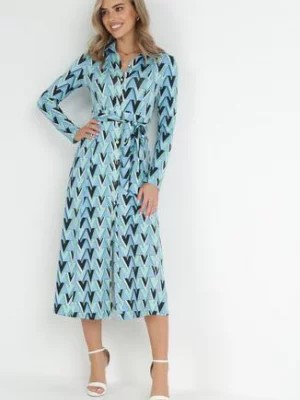 Zdjęcie produktu Niebieska Sukienka Maxi z Wiązanym Paskiem i Geometrycznym Wzorem Annalea