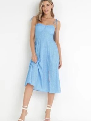 Zdjęcie produktu Niebieska Sukienka Midi w Kropki na Ramiączkach Ionttis