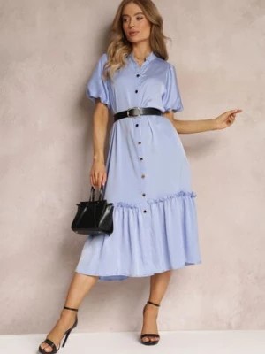 Zdjęcie produktu Niebieska Sukienka Midi z Ozdobną Falbanką i Dodatkowym Paskiem z Imitacji Skóry Charlotona