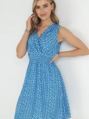 Zdjęcie produktu Niebieska Sukienka Midi z Wiskozy z Cienkimi Gumkami w Pasie i Kopertowym Dekoltem Manni