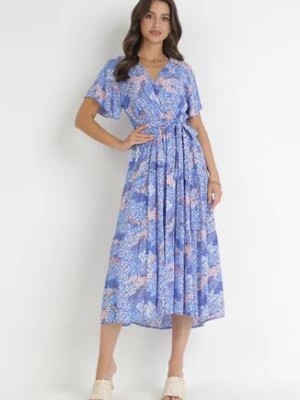 Zdjęcie produktu Niebieska Sukienka Midi z Wiskozy z Gumką w Pasie i Materiałowym Paskiem Amiko
