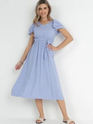Zdjęcie produktu Niebieska Sukienka Midi z Wiskozy z Gumką w Pasie i Materiałowym Paskiem Aricia