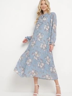 Zdjęcie produktu Niebieska Sukienka Rozkloszowana z Plisami Wiązana pod Szyją w Kwiatowy Print Dirosa