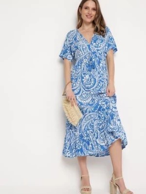 Zdjęcie produktu Niebieska Sukienka W stylu Boho z Gumką w Pasie i Chwostami Wornima