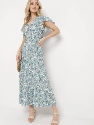 Zdjęcie produktu Niebieska Sukienka z Bawełny w Ornamentalny Wzór z Gumką w Pasie i Falbankami Fioralas