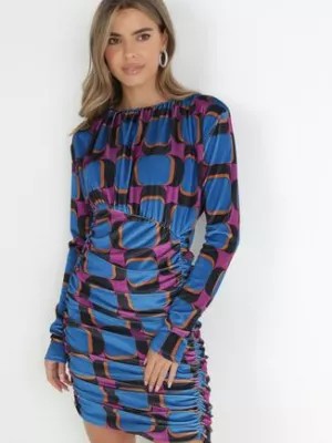 Zdjęcie produktu Niebieska Sukienka z Drapowaniem w Geometryczny Wzór Kalma