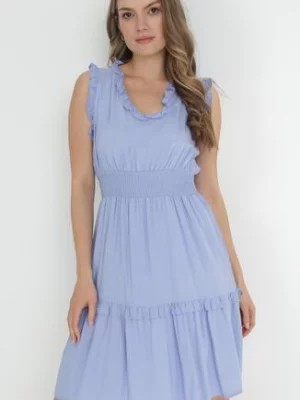 Zdjęcie produktu Niebieska Sukienka z Falbankami i Marszczoną Gumką w Pasie z Wiskozy Falirina
