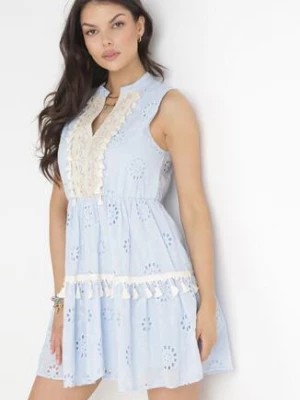 Zdjęcie produktu Niebieska Sukienka z Gumką w Pasie z Haftowanej Tkaniny z Cekinami Atakoto