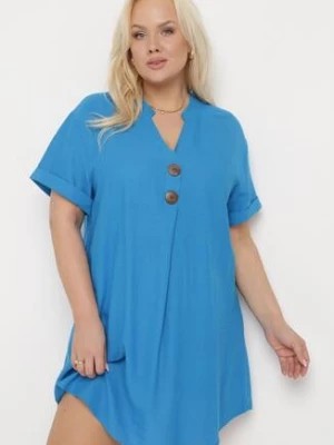 Zdjęcie produktu Niebieska Sukienka z Lnem Pudełkowa z Krótkim Rękawem i Guzikami Effienu