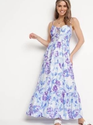 Zdjęcie produktu Niebieska Sukienka z Wiskozy i Bawełny Rozkloszowana w Kwiatowy Print z Ozdobnym Wiązaniem Wiama
