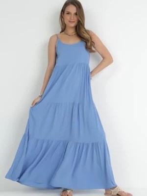 Zdjęcie produktu Niebieska Sukienka z Wiskozy na Ramiączkach z Falbanką Graesa