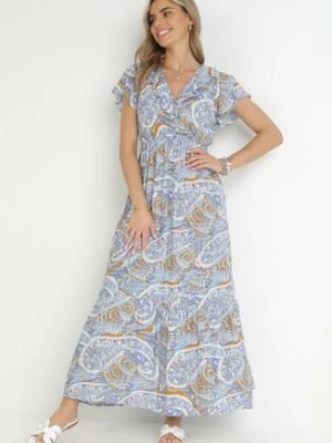 Zdjęcie produktu Niebieska Sukienka z Wiskozy w Etno Wzór z Gumką w Talii Munira