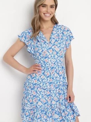 Zdjęcie produktu Niebieska Sukienka z Wiskozy w Kwiatowy Wzór z Kopertowym Dekoltem Avafia