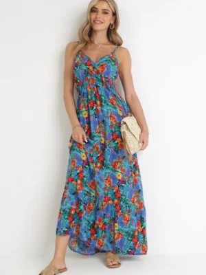 Zdjęcie produktu Niebieska Sukienka z Wiskozy w Kwiaty i Kopertowym Dekoltem Gelia