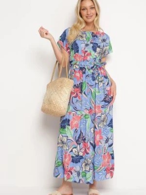 Zdjęcie produktu Niebieska Sukienka z Wiskozy w Kwiaty Rozkloszowana Wiązana w Talii Quilbia
