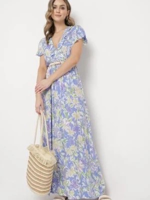 Zdjęcie produktu Niebieska Sukienka z Wiskozy z Gumką w Pasie z Kopertowym Dekoltem i Falbanką Wondria