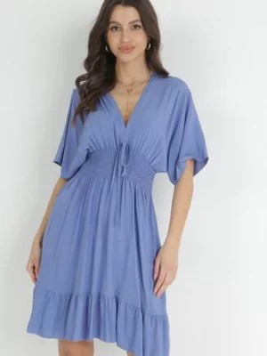 Zdjęcie produktu Niebieska Sukienka z Wiskozy z Marszczoną Gumką w Talii Demaria