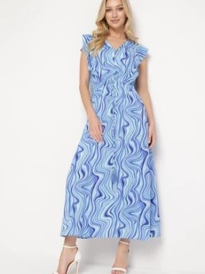 Zdjęcie produktu Niebieska Sukienka Zapinana na Guziki z Gumką w Pasie i Falbankami Keltella
