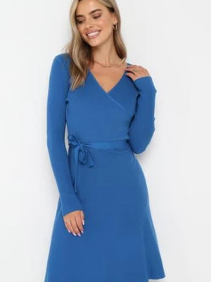 Zdjęcie produktu Niebieska Sweterkowa Sukienka Rozkloszowana z Wiązanym Paskiem Florentame