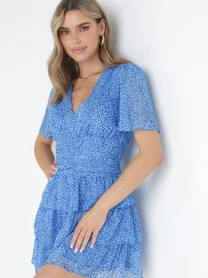 Zdjęcie produktu Niebieska Taliowana Sukienka Mini z Głębokim Dekoltem i Gumkami w Pasie Neetho