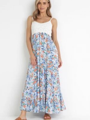 Zdjęcie produktu Niebieska Wiskozowa Sukienka Maxi z Szydełkową Górą i Rozkloszowanym Dołem Eumila