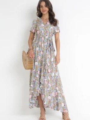 Zdjęcie produktu Niebieska Wiskozowa Sukienka Midi z Gumką w Pasie i Falbankami Amili
