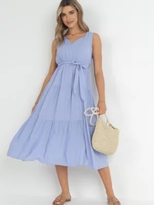 Zdjęcie produktu Niebieska Wiskozowa Sukienka Midi z Gumką w Pasie i Materiałowym Paskiem Bicuh