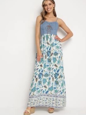 Zdjęcie produktu Niebieska Wiskozowa Sukienka Rozkloszowana na Cienkich Ramiączkach we Florystyczny Print K Brinneli