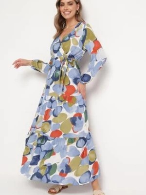 Zdjęcie produktu Niebieska Wiskozowa Sukienka z Gumką w Pasie i Materiałowym Paskiem z Trójkątnym Dekoltem Fumella