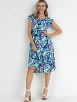 Zdjęcie produktu Niebieska Wzorzysta Sukienka Midi z Falbankami z Wiskozowej Tkaniny Jilli
