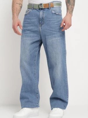Zdjęcie produktu Niebieskie Klasyczne Jeansy z Przetarciami i Materiałowym Paskiem Ramalua