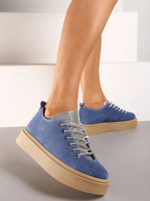 Zdjęcie produktu Niebieskie Sneakersy na Platformie ze Sznurowaniem z Cyrkoniami Oziana