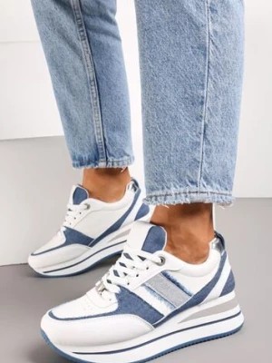 Zdjęcie produktu Biało-Niebieskie Sneakersy z Ekoskóry z Ozdobnymi Wstawkami i Grubą Podeszwą Amifa