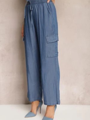 Zdjęcie produktu Niebieskie Szerokie Spodnie z Bawełny z Kieszeniami Cargo i Gumką w Pasie Dantellia