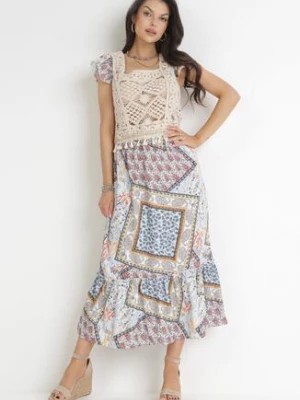 Zdjęcie produktu Niebiesko-Beżowa Rozkloszowana Sukienka Maxi z Szydełkową Górą i Falbankami z Bawełny Madela