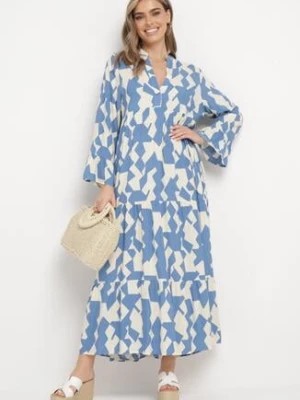 Zdjęcie produktu Niebiesko-Biała Rozkloszowana Sukienka z Wiskozy z Długimi Rozszerzanymi Rękawami Tesadie