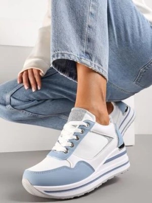 Zdjęcie produktu Niebiesko-Białe Sneakersy na Niskiej Platformie ze Wstawkami Brokatowymi Gwenoa