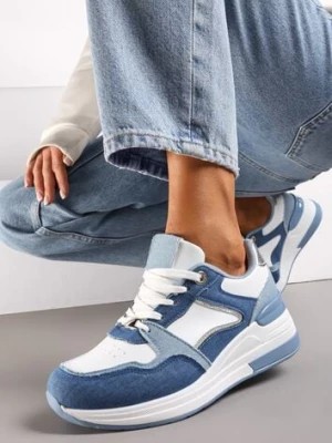 Zdjęcie produktu Niebiesko-Białe Sneakersy na Niskim Koturnie z Materiałowymi Wstawkami Aquamarine
