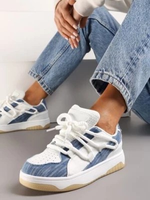 Zdjęcie produktu Niebiesko-Białe Sneakersy z Ozdobnymi Sznurówkami na Niskiej Platformie z Perforacją Dearias