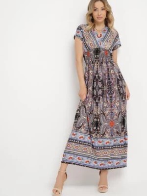 Zdjęcie produktu Niebiesko-Czarna Maxi Sukienka Wiskozowa o Kopertowym Fasonie we Wzór Paisley Aricsa