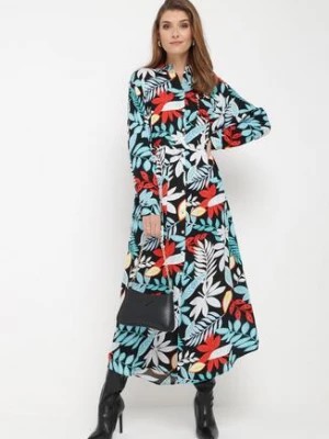 Zdjęcie produktu Niebiesko-Czarna Maxi Wiskozowa Sukienka Zapinana na Guziki z Materiałowym Paskiem w Kwiaty Mariaseme