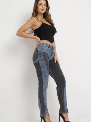 Zdjęcie produktu Niebiesko-Czarne Dopasowane Jeansy z Ozdobnymi Wstawkami i Kieszeniami Defrada